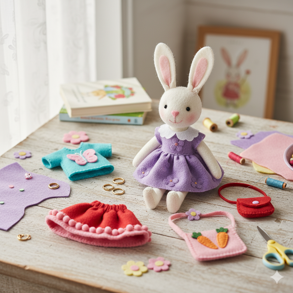DIY Felt Bunny Doll Dress-Up Set with Accessories